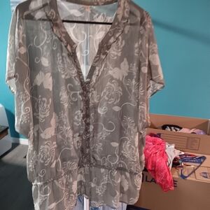 Old Navy Gray Floral Sheer Blouse